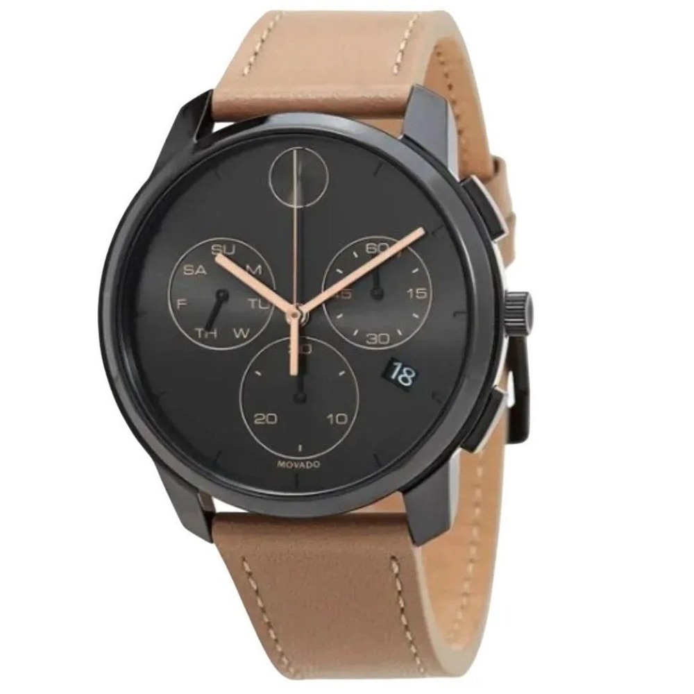 Movado Bold Chronograph 3600719 Black Dial Beige Leather Strap Watch NIB $695